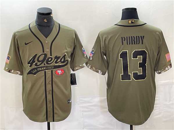 Mens San Francisco 49ers #13 Brock Purdy Olive Salute to Service With Patch Cool Base Stitched Baseball Jersey->san francisco 49ers->NFL Jersey
